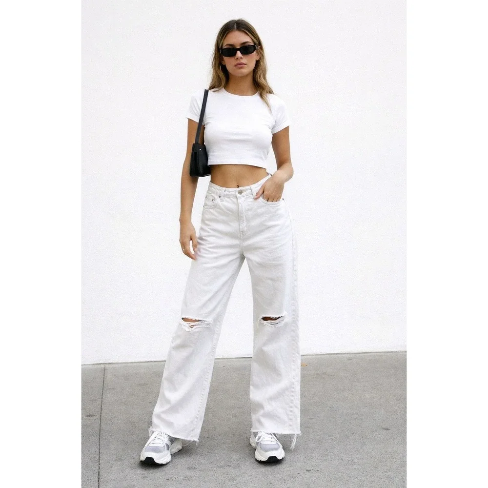 Lefties white Denim Women's 6/8 Wide Leg Raw Hem Distressed Jeans Y2K streetwear
